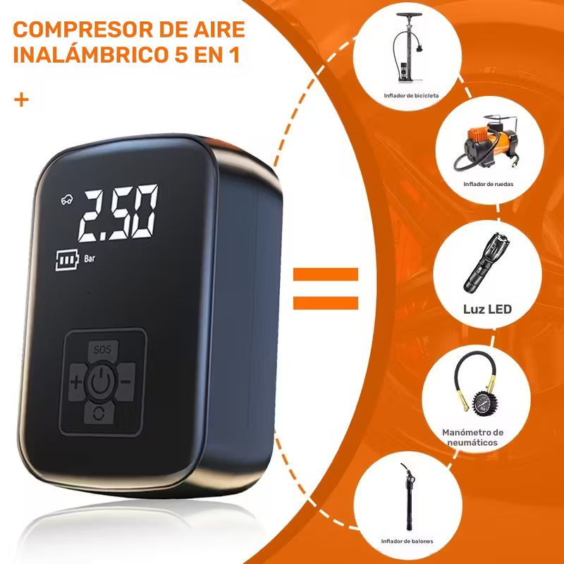 Inflador inalámbrico con doble potencia, pantalla digital y batería recargable. Multifuncional